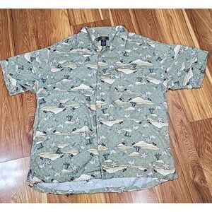 Vintage Route‎ 66 Hawaiian Shirt Mens Size Large Green Palm Beach Button Up